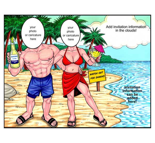 Beach Couple Semi Custom Caricature, Tropical Drinks