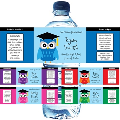Graduation Owl Theme Water Bottle Label