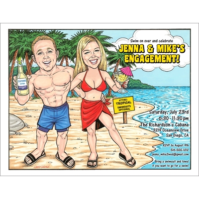 Beach Couple Semi Custom Caricature, Tropical Drinks