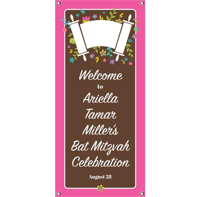 Bat Mitzvah Torah Flowers Vertical Banner