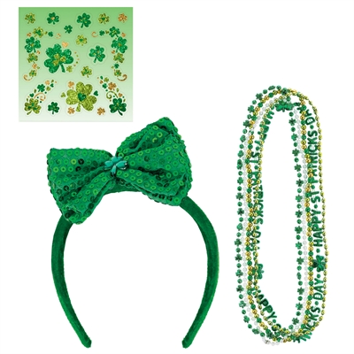 St. Patrick's Day Necklaces, Shamrock Body Jewelry & Bowtie Headband Accessory Bundle