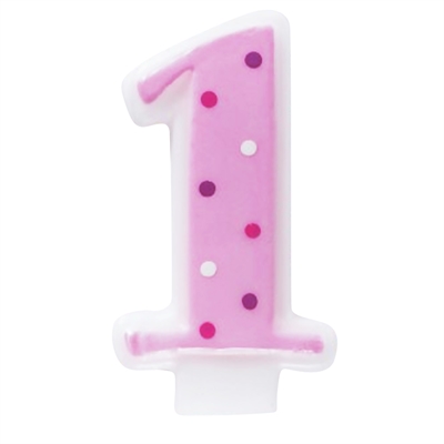 Pink #1 Candle with Polka Dots