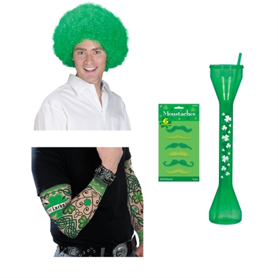 St. Patrick's Day Wig, Arm Tattoo, Mustache Pack & Yard Long Cup Accessory Bundle